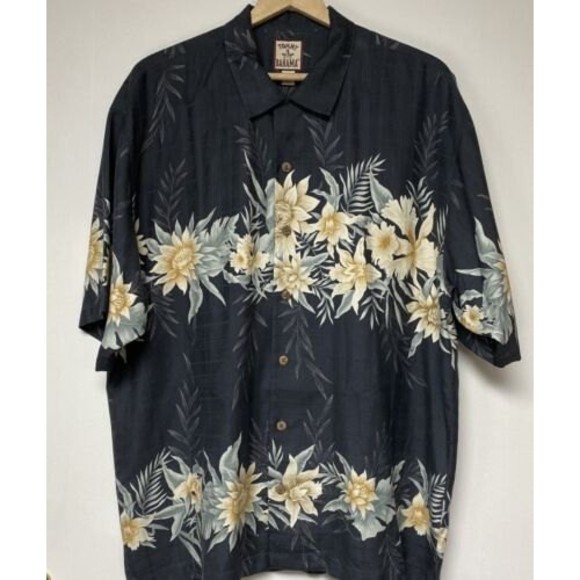 Tommy Bahama Tropical Button Up Shirt Short Sleeve Silk Dark Gray Men's L Flower - Picture 1 of 9